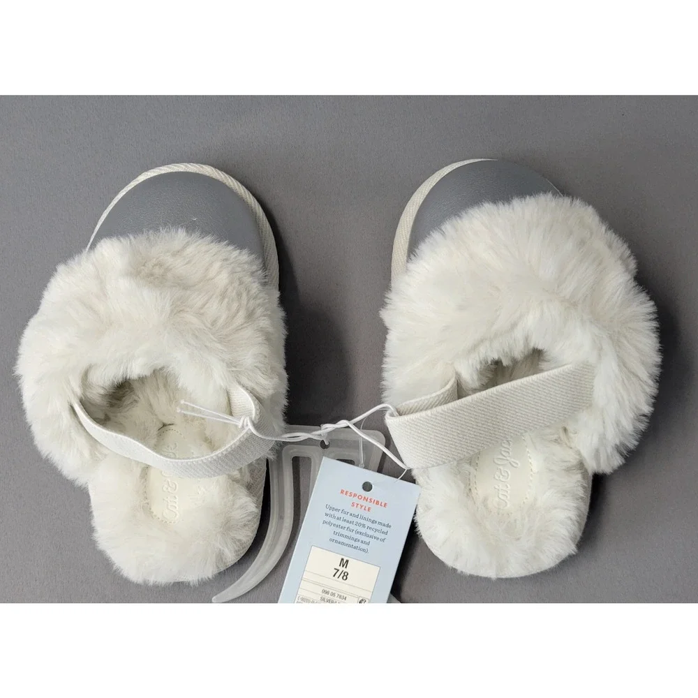 Cat & Jack Slippers Youth Girls M 7/8 Lila Scuff Puff Silver Fax Fur Soft New